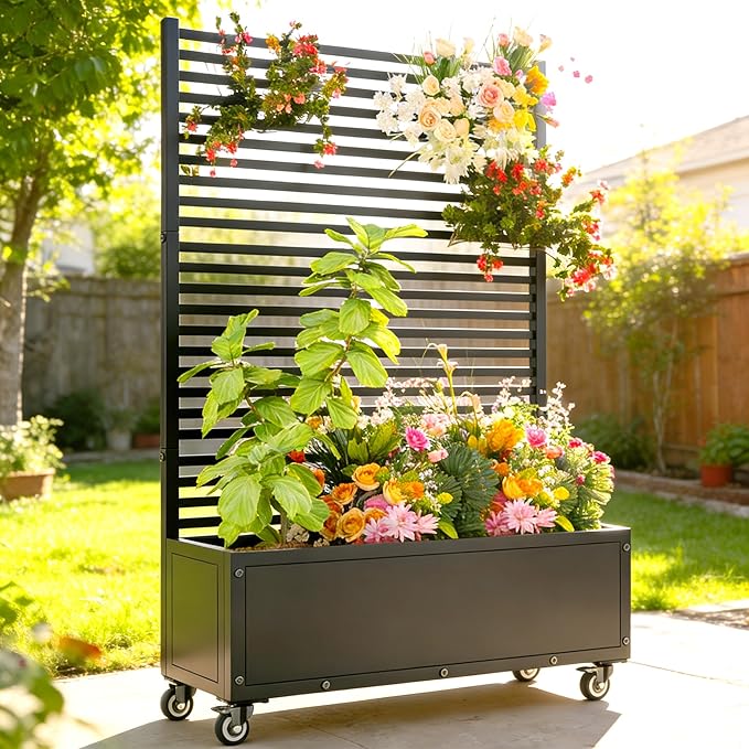 Planter Box with TrellisRaised Garden Bed with TrellisPrivacy Planters for Patio with Drainage Holes &amp Lockable Casters for Climbing PlantsVegetables and Vines