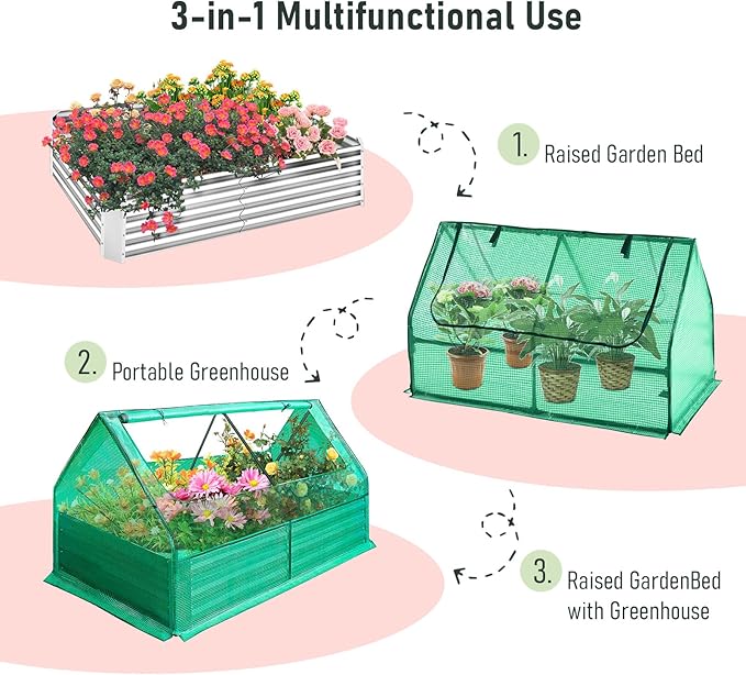 4 x 3 x 1 ft Garden Bed Galvanized Raised Covered Metal Planter Box Kit with 2 Large Screen Window Mini Greenhouse 20 T Labels Free 1 Pair Gloves for Growing Vegetables Outdoors (4 x 3 x 1 ft)