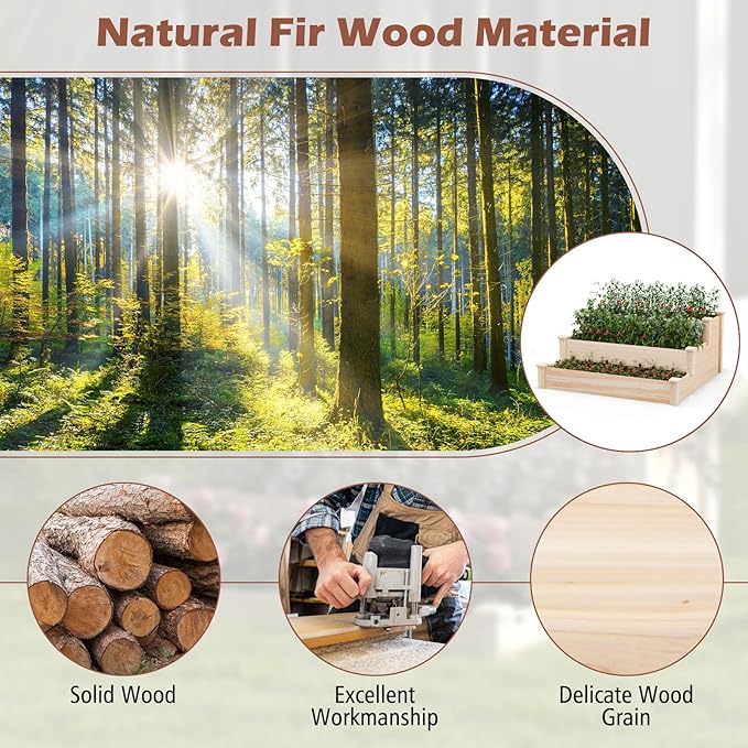 Giantex 3-Tier Raised Garden Bed Tiered Planter Box w/Open-Ended Base Fir Wood Elevated Raised Beds for Gardening Vegetable Flower Herb Fruit Perfect for Patio Lawn Backyard