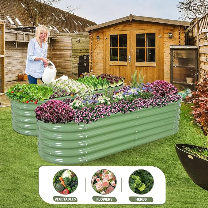 Galvanized Raised Garden Bed Outdoor- Raised Beds for Gardening| Metal Planter Box Steel Raised Garden Bed Kit with Safety Edging and Gloves for Vegetables Flower Herbs (6x2x1.4FT Green)