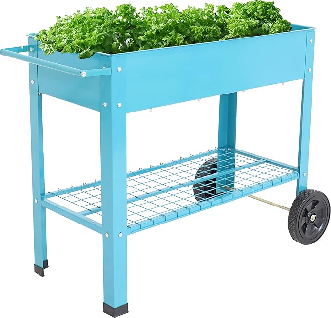 Sunnydaze 43-Inch Galvanized Steel Raised Garden Bed with Legs - Outdoor Elevated Planter Box with Wheels for Vegetables - Blue