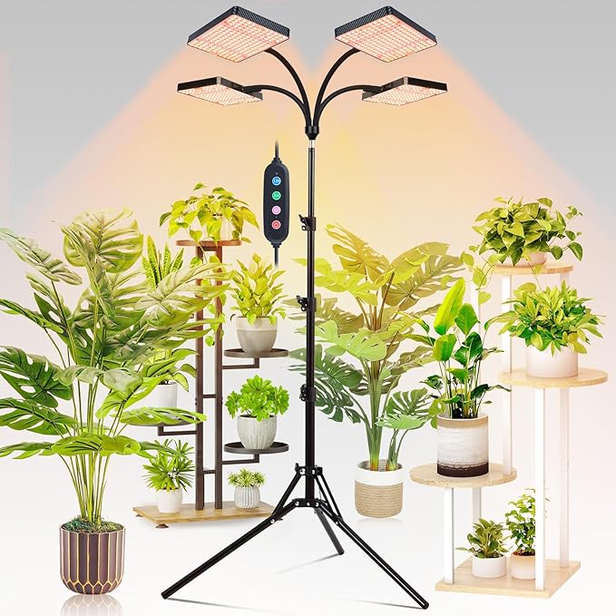 FECiDA 2026 4Head Grow Light with Stand 100 Watt Power Draw Bright and Big Coverage Grow Lights for Large Houseplants Bonsai Tree 4/8/12/16/20 Hr Timer 24-72 Height Adjustable 360° Gooseneck