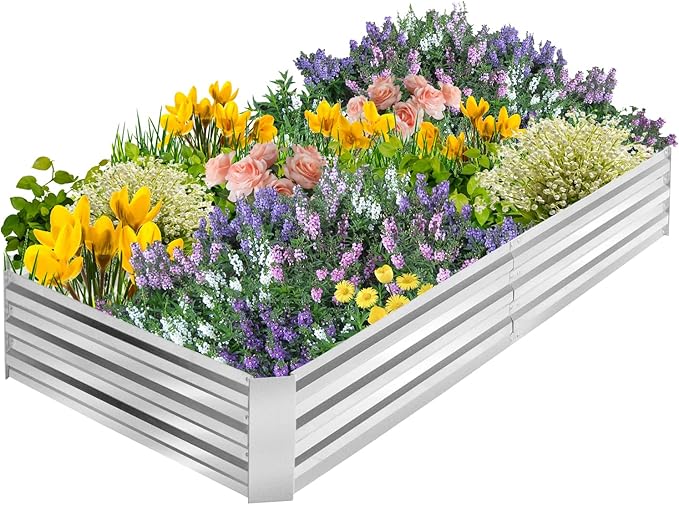 Garden Bed Galvanized Garden Bed 6x3x1 ft Raised Garden Bed with Metal Pole Reinforcement for Flower Planters Vegetables and Herbs (Silver)