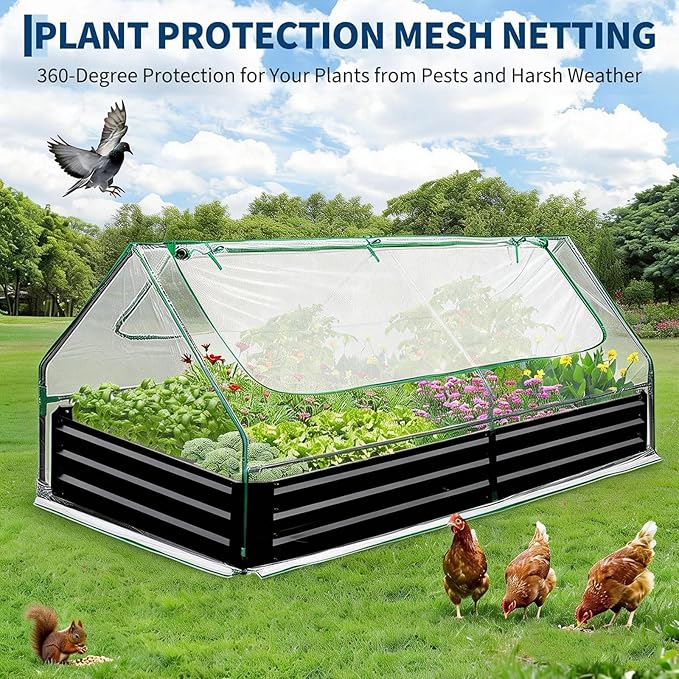 Raised Garden Bed with Cover 8x4x1 Ft Outdoor Galvanized Metal Planter Box with 2 Screen Windows Mini Greenhouse for Vegetables and Flowers Clear Top Cover