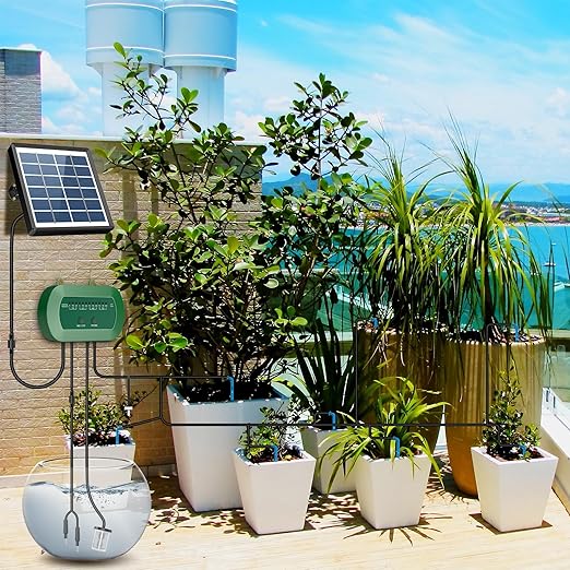 Solar Automatic Watering Kit for Garden Automatic Drip Watering System with 15 m Watering Hose Automatic Watering Timer for Holidays Balconies Flower Pots Plants