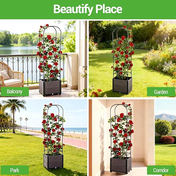 Set of 2 Raised Bed with Trellis Flower Box with Trellis for Climbing Plants Garden Bed Trellis Made of Metal and PP Garden Trellis with Self-Watering Planter Box Garden Balcony 40 x 40 x 150 cm