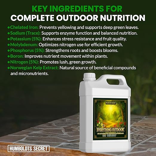Humboldts Secret Everything Outdoor Plant Food | 5-5-5 Liquid Fertilizer with Norwegian Kelp | All Purpose Lawn Vegetable &amp Fruit Food | Garden Nutrients | Refillable Hose End Bottle | 1 Gallon