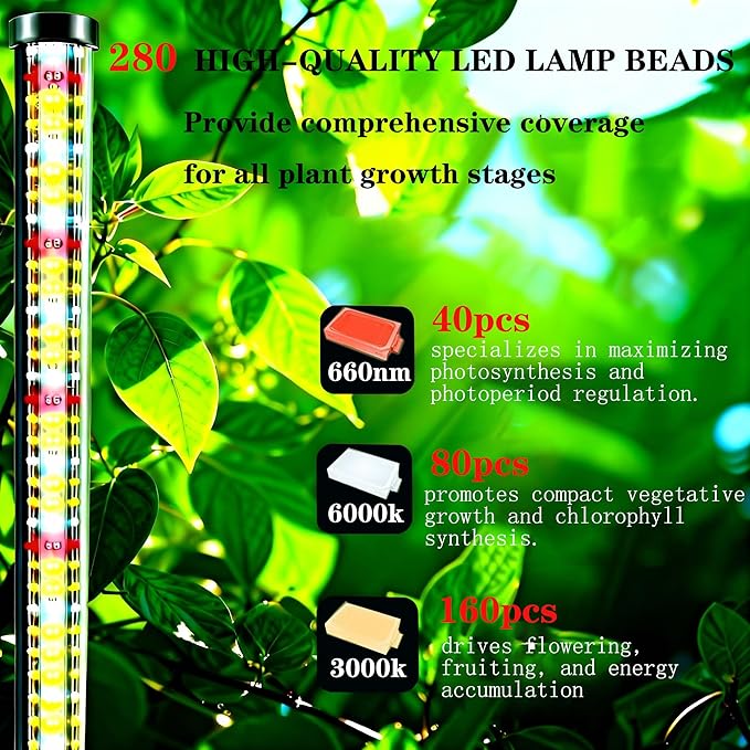 Vertical Grow Lights for Indoor Plants Full Spectrum 36W 57 Inch Plant Lights for Seed Starting with Timer and 10 Level Dimmable Standing Plant Growing Lamp for Greenhouse with Hanging Accessories