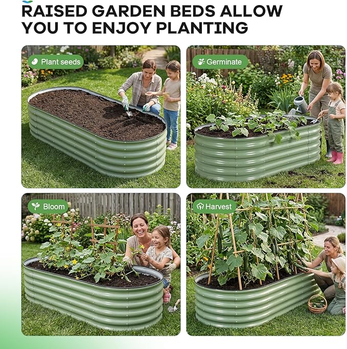 Galvanized Raised Garden Bed Outdoor 6x3x1.4ft Oval Metal Raised Beds for Gardening Rust-Resistant Garden Planter Box for Planting Vegetables Flowers Fruits in Lawn(Olive Green 2 Packs)