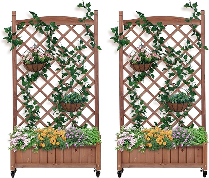 2-Pack Raised Garden Beds with Trellis | Outdoor Wooden Planter Boxes on Wheels | Climbing Plant Stand with Drainage Holes