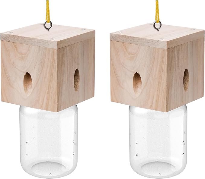 2 PCS Wood Carpenter Bee Trap for Outside - Best Bee Trap - Cube Style Nature Hanging Carpenter Bee Traps Plastic Jar Outdoor - Insect Traps