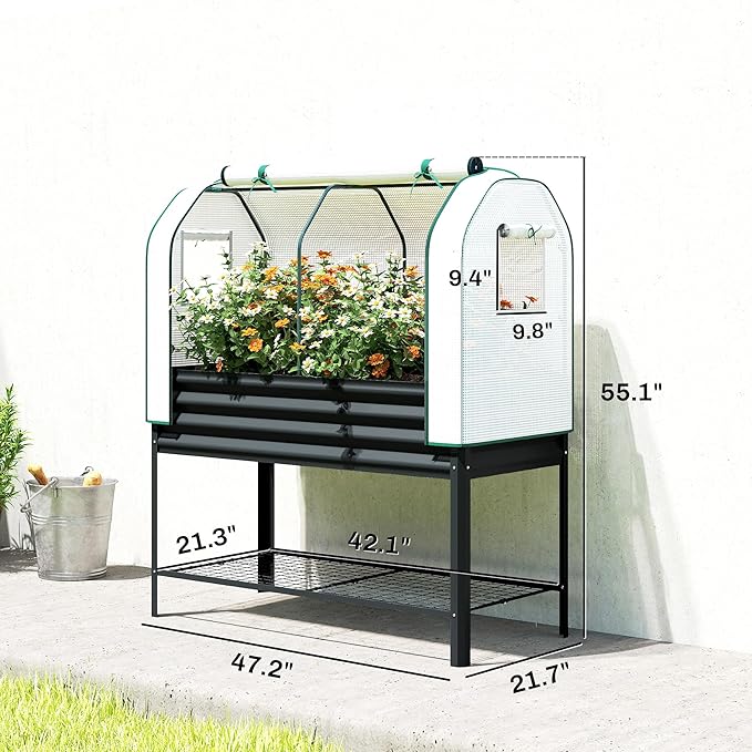 Outsunny Galvanised Raised Garden Bed with Greenhouse Cover Metal Elevated Garden Bed with Legs Bed Liner and Bottom Shelf Outdoor Raised Planter Box for Vegetables Herbs Flowers Black