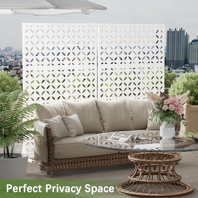 Cofar Metal Privacy Screen Outdoor 72 H×44 W -White Freestanding Outdoor Privacy Panels with Stand Decorative Fence for Patio Deck Balcony（Clover）