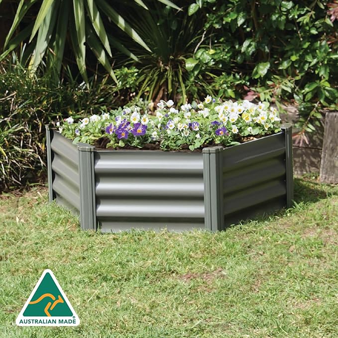 ABSCO Premium Galvanized DIY 3' x 3' Hexagon Garden Bed DIY with Easy Assembly and Superior Drainage Woodland Gray Galvanized Steel Metal Planter Garden Planter Box with 16 Walls for All Plants
