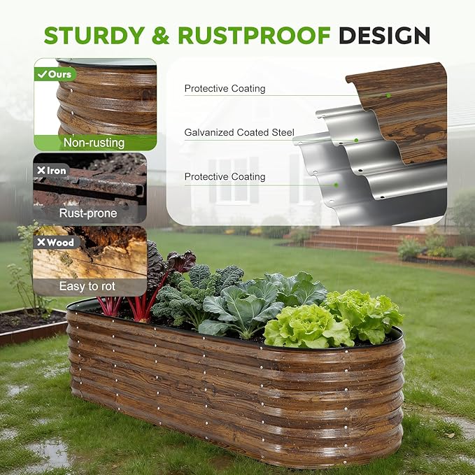 ZORMY Galvanized Raised Garden Bed Outdoor- 2PCS 6x2x1.4ft Oval Steel Raised Beds for Gardening Metal Planter Box with Protective Strip and Gloves for Vegetables Flowers Fruits(Brown)