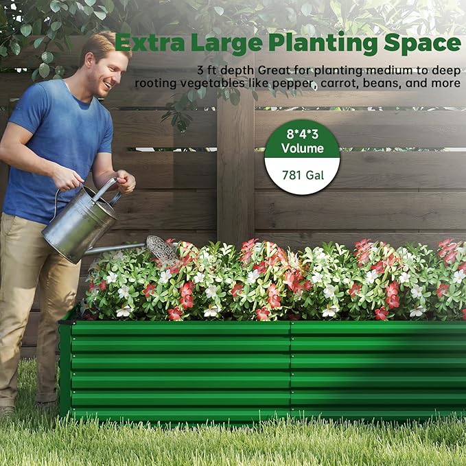 8x4x3 ft Raised Garden Bed Large Metal Planter Raised Beds Planters for Outdoor Plants for Vegetables Flowers Herbs Fruits and Succulents.(2 Pcs Green)