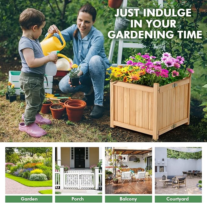 LDAILY Foldable Raised Garden Bed Easy Assembly Raised Bed with Bottom &amp Drainage Hole Wood Planter Box for Flowers/Vegetables/Fruits in Backyard Patio (15 L x 15 W x 14 H)