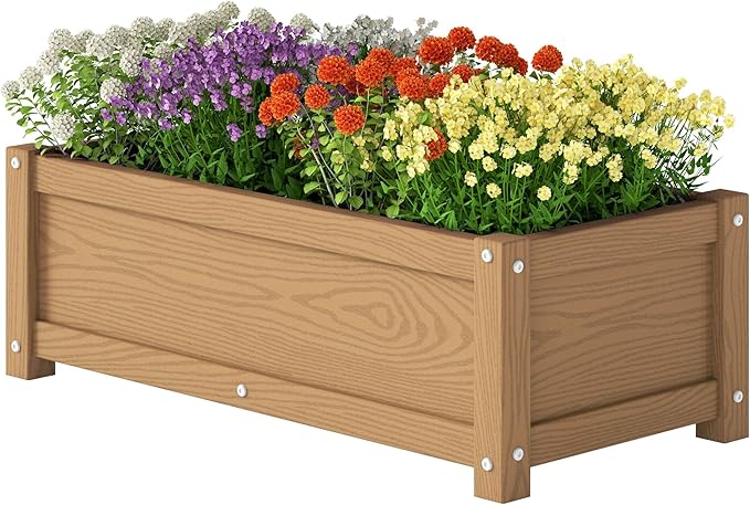 HDPE Planter Box All-Weather Outdoor Garden Bed Easy to Assemble Drainage System Low Maintenance Non-Fading for Flower/Herb/Seed (Teak)