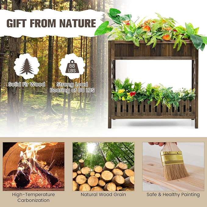 HAPPYGRILL Wooden Raised Garden Bed 2-Tier Elevated Planter Box Stand with Legs Storage Shelf 35.5” Height Carbonized Fir Wood Garden Bed for Vegetable Fruit Herb Flower