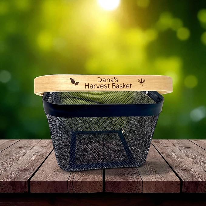 PersonalizedMetal Mesh Harvest Basket with Custom Engraved Handle Gift For Gardeners Vegitable Harvesting Basket Gardening Tools 9x7x7in