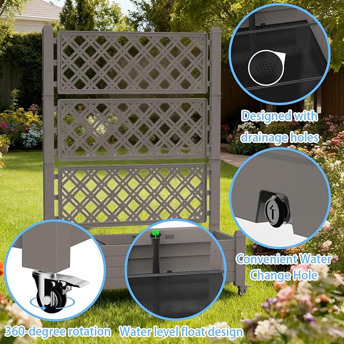 Mobile Garden Planter with Trellis &amp Lockable Wheels Outdoor Raised Bed with Drainage &amp Water Gauge Weather-Resistant Resin for Patio Balcony Yard Dust-Resistant (Grey 43.43*18.27*64.29)