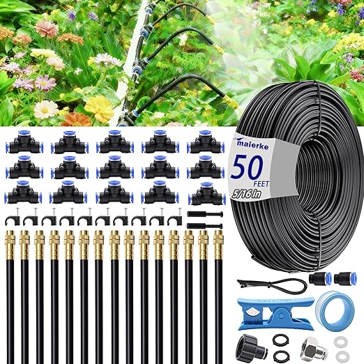 50FT 5/16 inch 360° Adjustable Drip Irrigation Kits Automatic Garden Watering Misting Atomizing System with 16pcs Bendable Nozzles for Yard Lawn Plant Greenhouse Garden(5/16 inch Hose)
