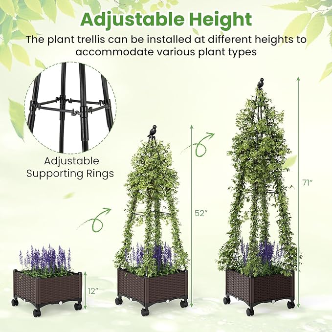 HAPPYGRILL 71 Garden Trellis for Climbing Plants Self-Watering Raised Garden Bed w/Obelisk Trellis Lockable Wheels Adjustable Height Indoor Outdoor Vertical Planter Box for Flower Vine (1)