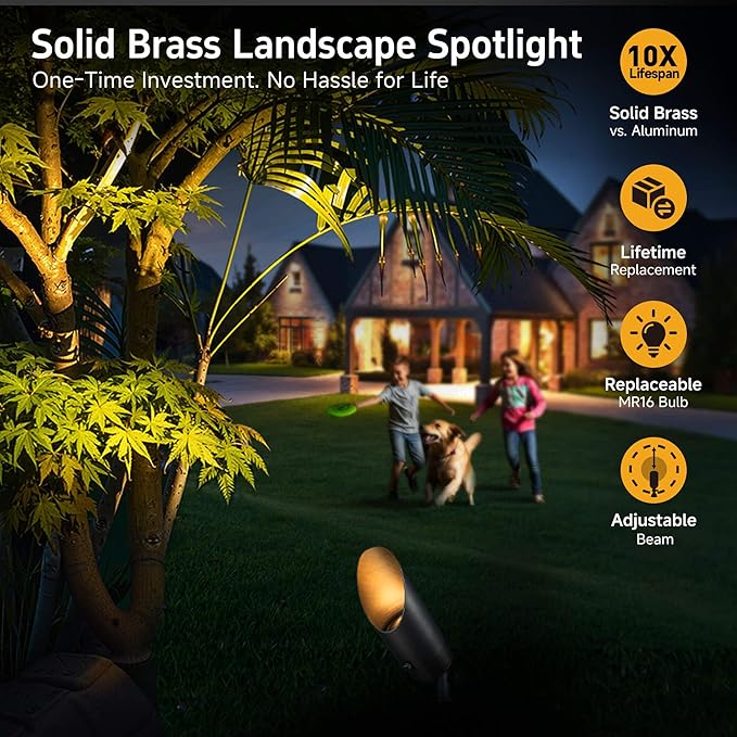 Low Voltage Brass Landscape Spotlights - Waterproof 12V LED Uplights for Garden Yard Tree House - 5W 2700K Warm White MR16 Bulb Outdoor Lighting (Bronze 02)