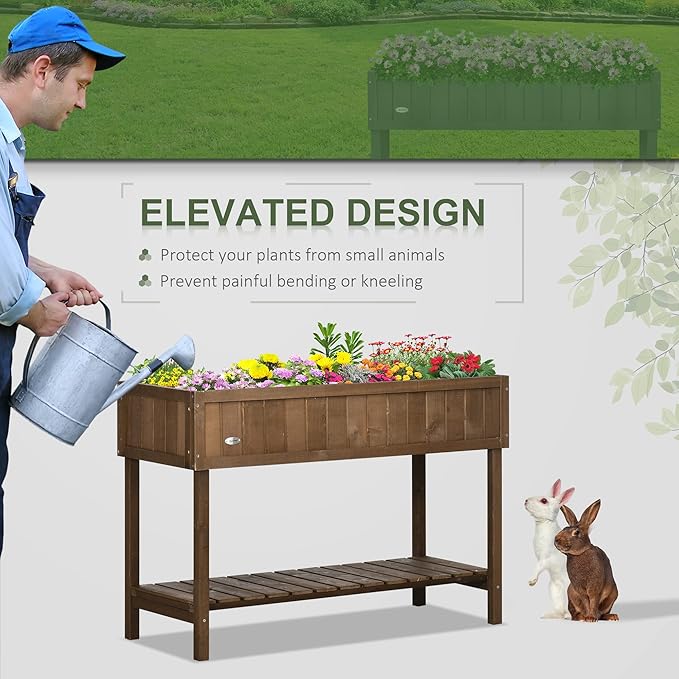 Outsunny 43x18x30in Raised Garden Bed with 8 Pockets and Shelf Wooden Elevated Planter Box with Legs to Grow Herbs Vegetables and Flowers Dark Brown