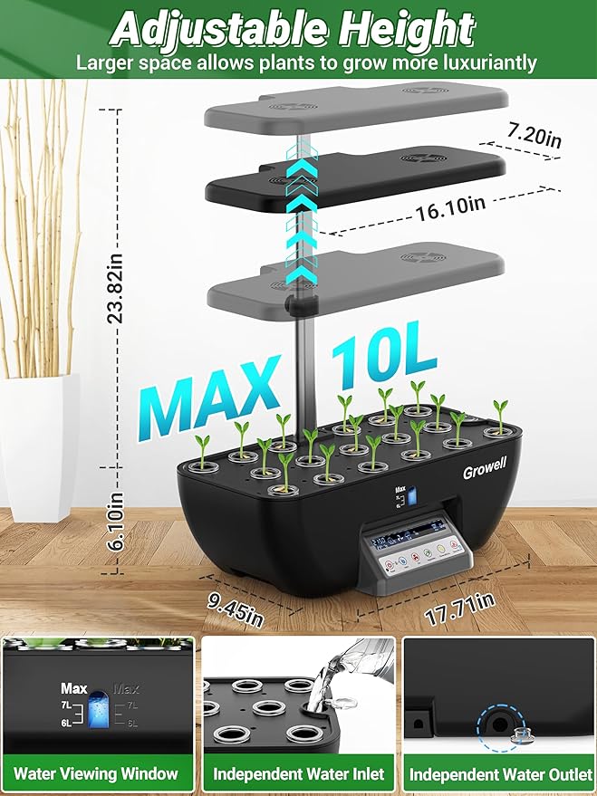 Hydroponics Growing System Kit 17 Pods Herb Garden with 102 28W Full-Spectrum Grow Lights &amp 2 Fans Indoor Garden with Water Pump 10L Water Tank Auto Timer Height Adjustable (Black &amp Grey)