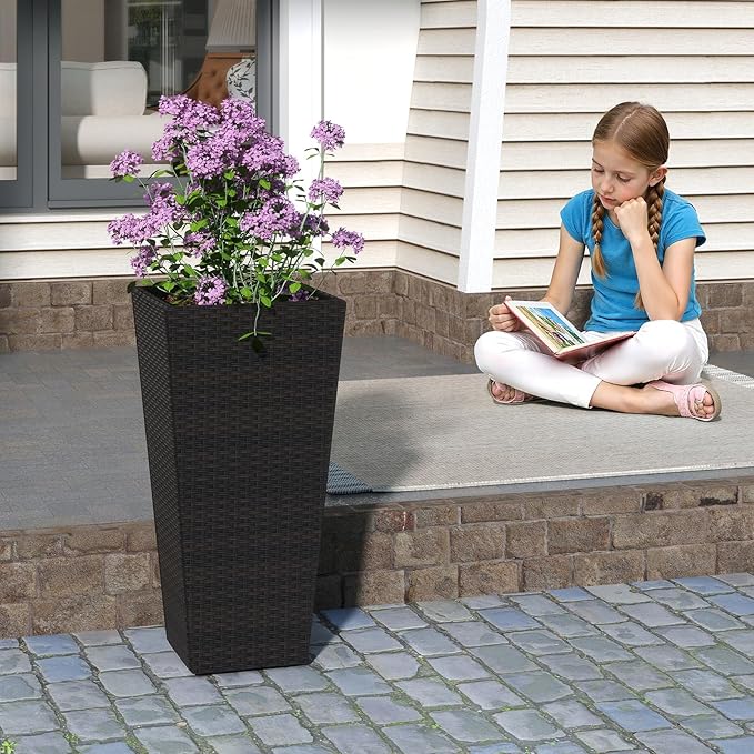 HAPPYGRILL 30 Tall Plant Pot Set of 2 Modern Decorative Flower Pots w/Open-Ended Base PE Rattan Frame Non-Woven Soil Bag Square Textured Flower Pots for Outdoor Garden Patio Front Porch