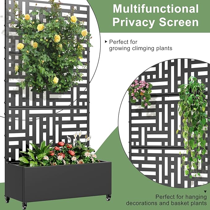 Casaphoria Metal Raised Garden Bed with Trellis and Wheels 72x35x16 Planter Box for Climbing Plants Vegetables &amp Vines Features Drainage Holes and Privacy Screen (Black-Helen)