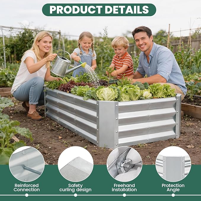G GOOD GAIN 4x2x1ft Raised Garden Bed – Galvanized Metal Planter Box for Vegetables Flowers Herbs Fruits – Outdoor Garden Beds with Open Bottom Sliver