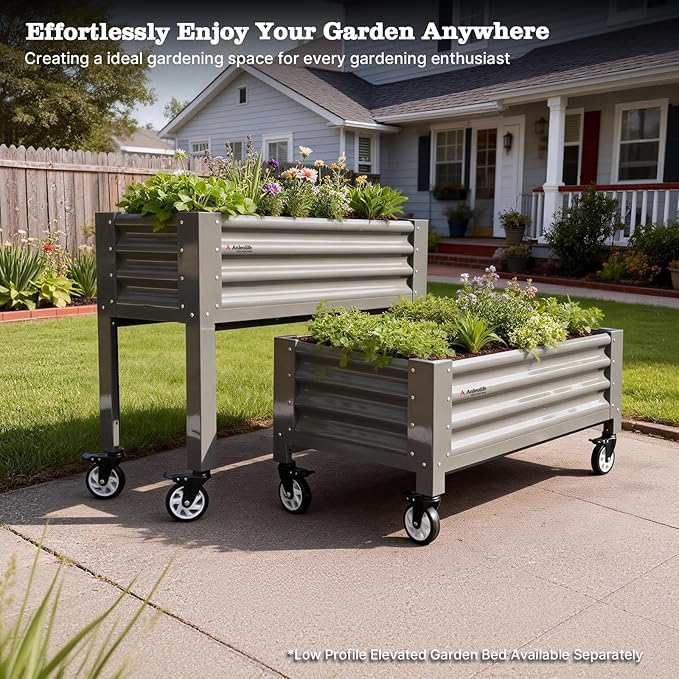 A ANLEOLIFE Elevated Raised Garden Bed with Lockable Wheels 48x18x35 in Galvanized Steel Planter Box with Legs Waist-High Design Reinforced Frame for Balcony Patio &amp Porch Quartz Grey