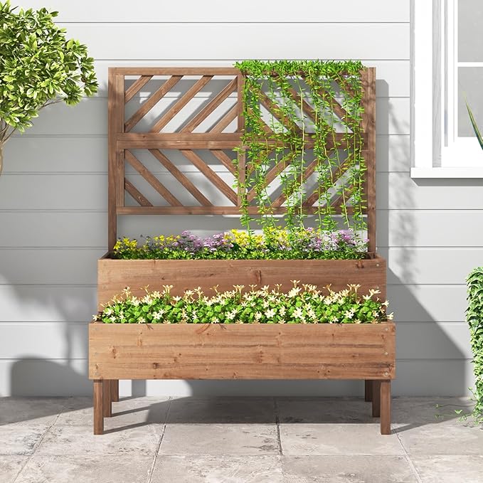 MAT EXPERT Raised Garden Bed with Trellis 2-Tier Wood Planter Box with Drainage Outlet &amp Legs Lattice Panels Vertical Planter for Patio Elevated Garden Planter for Fruit Flower Herb &amp Ve