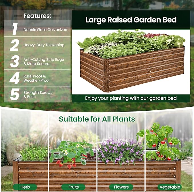 Homdox Galvanized Raised Garden Bed 6x3x2ft Galvanized Planter Garden Boxes Outdoor Thickened Large Metal Planter Box for Gardening and Planting Vegetables and Fruits (Wood Grain)