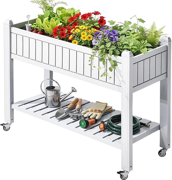 YITAHOME 42.5x17.3x35.4 in Raised Garden Bed Outdoor Plastic Planter Box with Wheels Legs Drain Plug and Storage Shelf for Plants Vegetables Flowers Herbs White