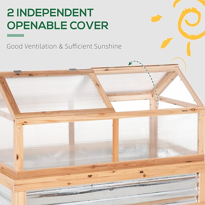 4-Season Raised Garden Bed with Polycarbonate Greenhouse Top 48”x24” Cold Frame Extends Growing for Herbs &amp Veggies Natural Wooden Planter Box