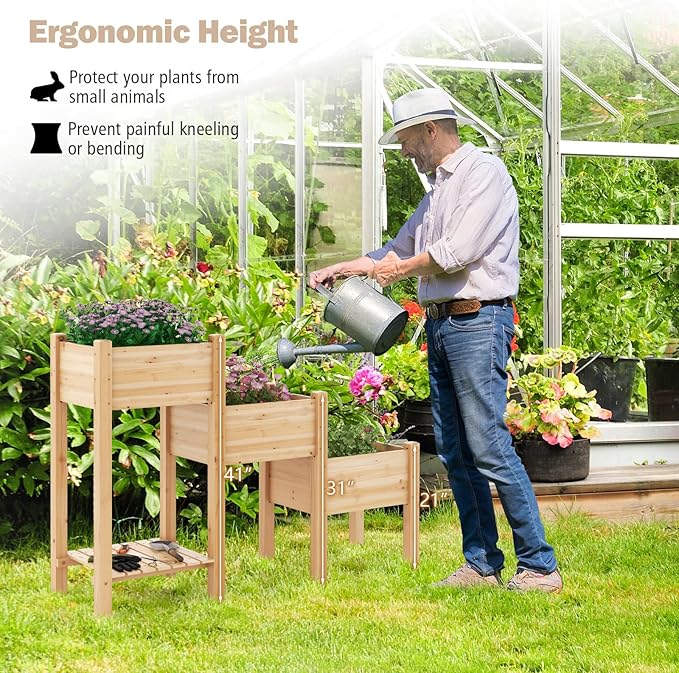 Byroce 3-Tier Raised Garden Bed Wooden Elevated Garden Bed with 3 Planter Boxes Open Storage Shelf &amp Drainage Holes Fir Wood Outdoor Planter Stand for Flower Vegetable Herb in Garden Yard &amp