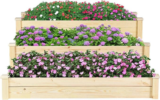 Misc 3-Tier Wooden Raised Bed Garden Planting Box Growing Flower Vegetables Brown Modern Contemporary Wood