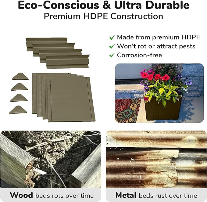 Raised Garden Bed - 1x1 ft Planter Box - Weathered Wood HDPE - No Tools Needed - DIY Kit for Urban Gardening Flowers Herbs &amp Vegetables - Made in The USA - 2 Pack