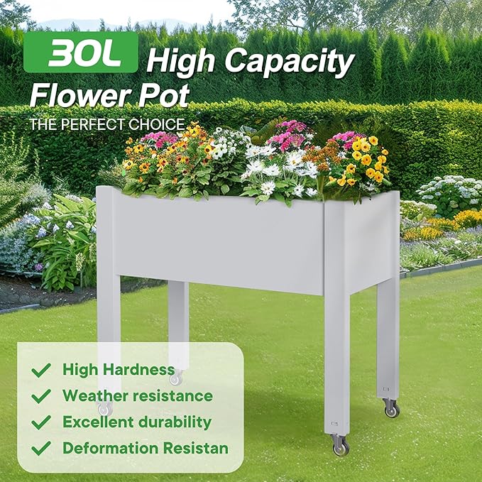30.04×17.72×28.9IN Resin Planter Raised Beds with SteelsRaised Garden Bed Outdoor Waterproof &amp UV ResistantElevated Garden Beds for BackyardPatio &amp Balcony(Ashen)
