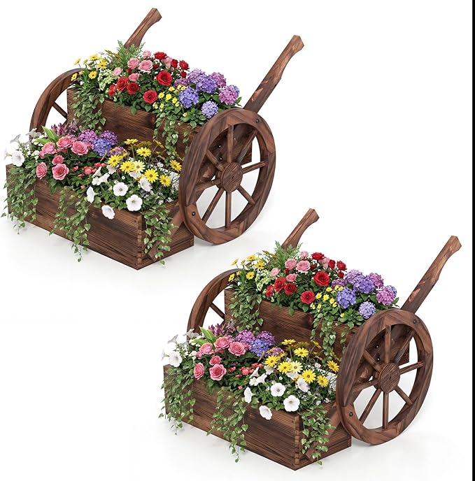 HAPPYGRILL Wooden Wagon Planter Box 2-Tier Raised Garden Bed w/Wheels &amp Drainage Hole Decorative Garden Planter for Flowers Herbs Vegetables Indoor Outdoor Flower Cart for Patio Garden Balcony