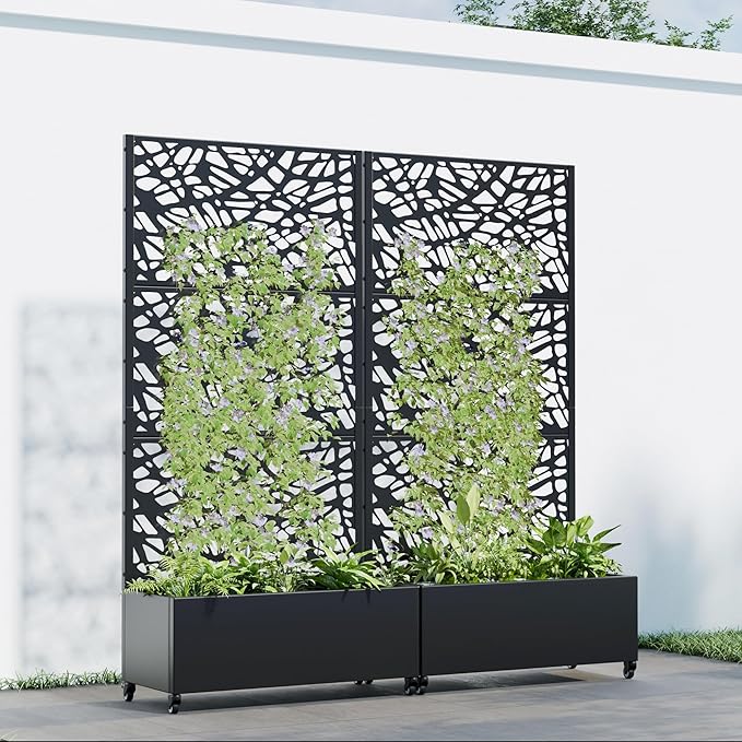 Casaphoria 72x35 Metal Raised Garden Bed with Trellis(2 Pack) Outdoor Planter Box with Wheels &amp Drainage Holes for Climbing Plants Flowers Elevated Garden Kit with Privacy Screen Black-Net
