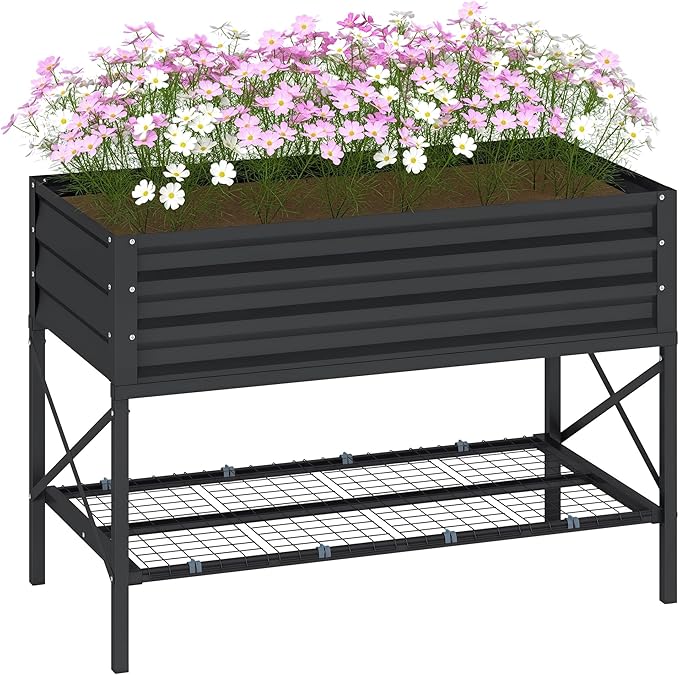 Outsunny Raised Garden Bed with Galvanized Steel Frame Storage Shelf and Bed Liner Elevated Planter Box with Legs for Vegetables Flowers Herbs Dark Gray