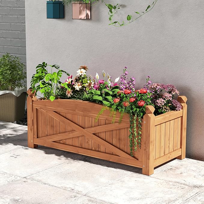 HAPPYGRILL Wooden Raised Garden Bed 2 Solid Wood Gardening Plant Container w/Drainage Holes for Flower Vegetable Fruit Outdoor Elevated Planter Box for Patio Garden Yard Balcony (36”x 16”x 15”)