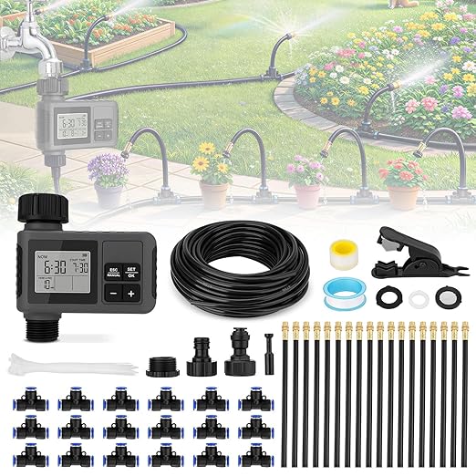 66FT Drip Irrigation Kit with Timer Automatic Garden Watering System with Flexible 360° Bendable Hose &amp Adjustable Emitters Drip Irrigation System for Greenhouse Yard Flower Bed Lawn &amp Pl