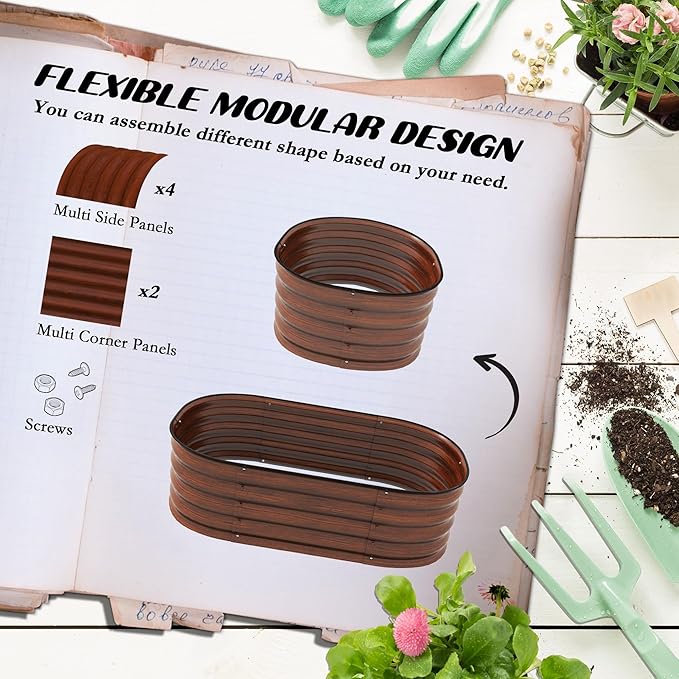 Galvanized Raised Garden Bed Kit Outdoor Metal Elevated Planter Box with Safety Edging Easy DIY Stock Tank for Growing Flowers Herbs &amp Vegetables Brown (3.5' x 2' x 1')