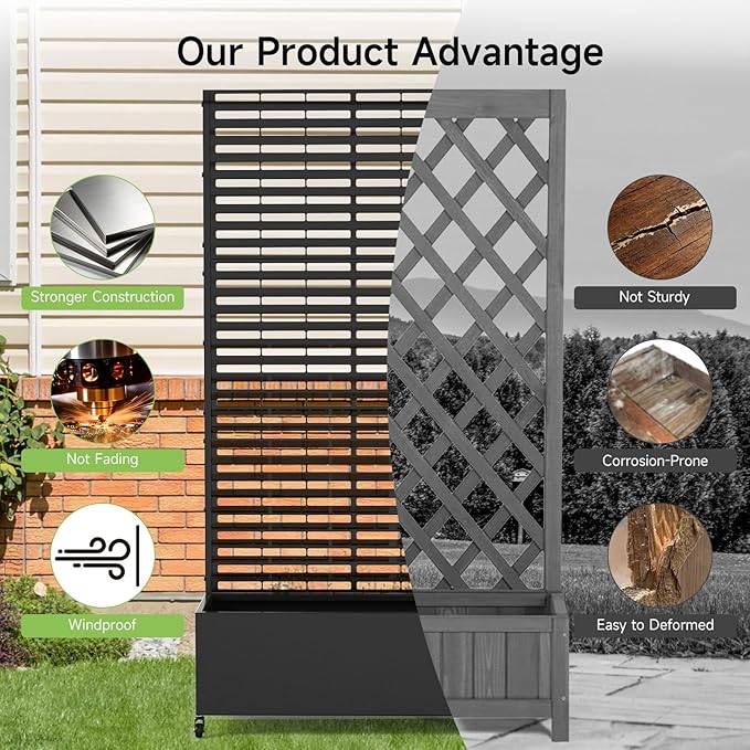 Metal Raised Garden Bed with Trellis and Wheels 73 x 35 x 16 Planter Box with Trellis with Drainage Holes Privacy Planters for Patio with Privacy Screen for Climbing Plants Flowers Vegetables