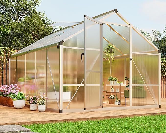 8X10 FT Outdoor Polycarbonate Greenhouse Sturdy Aluminum Frame Adjustable Roof Vent Ideal for Backyard Patio or Garden All-Weather Green House for Growing Plants and Vegetables